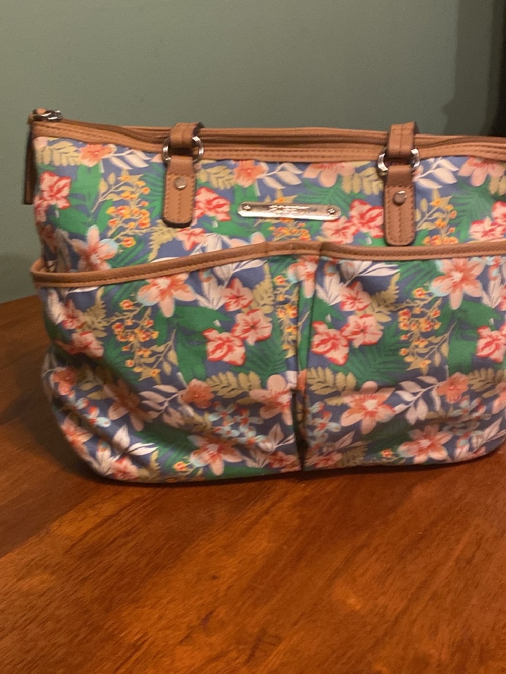 Rosetti Green Floral Tote with Tan Trim - Picture 2 of 8